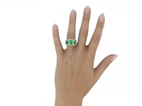 8.5ct Emerald Cut Green Emerald Three Stone Ring