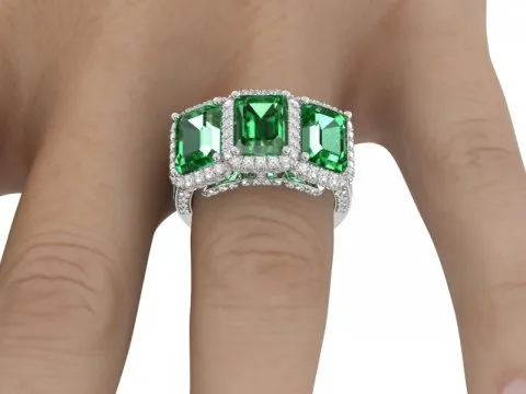 8.5ct Emerald Cut Green Emerald Three Stone Ring