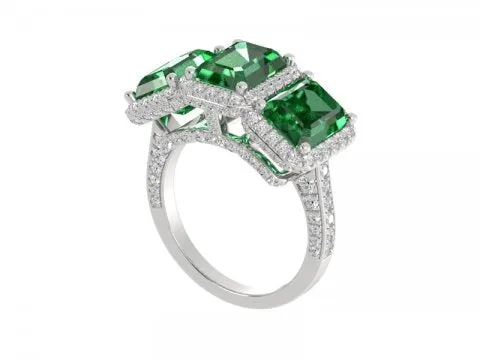 8.5ct Emerald Cut Green Emerald Three Stone Ring