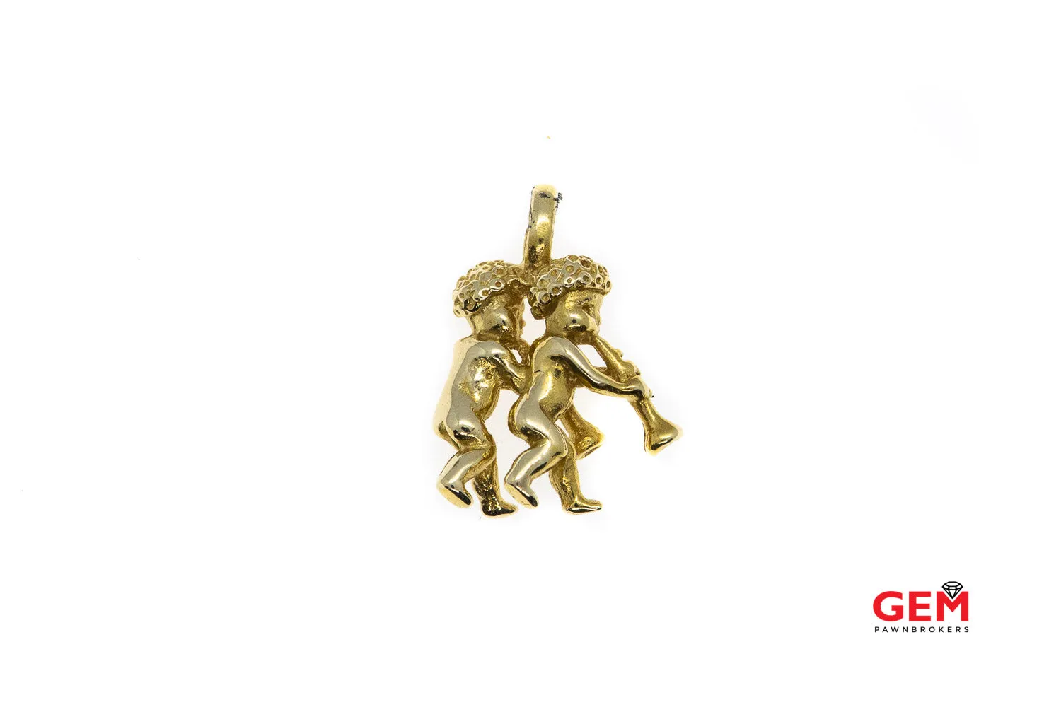 Angel Baby Cherub Playing Trumpets Drop Charm 14K 585 Yellow Gold Pendant