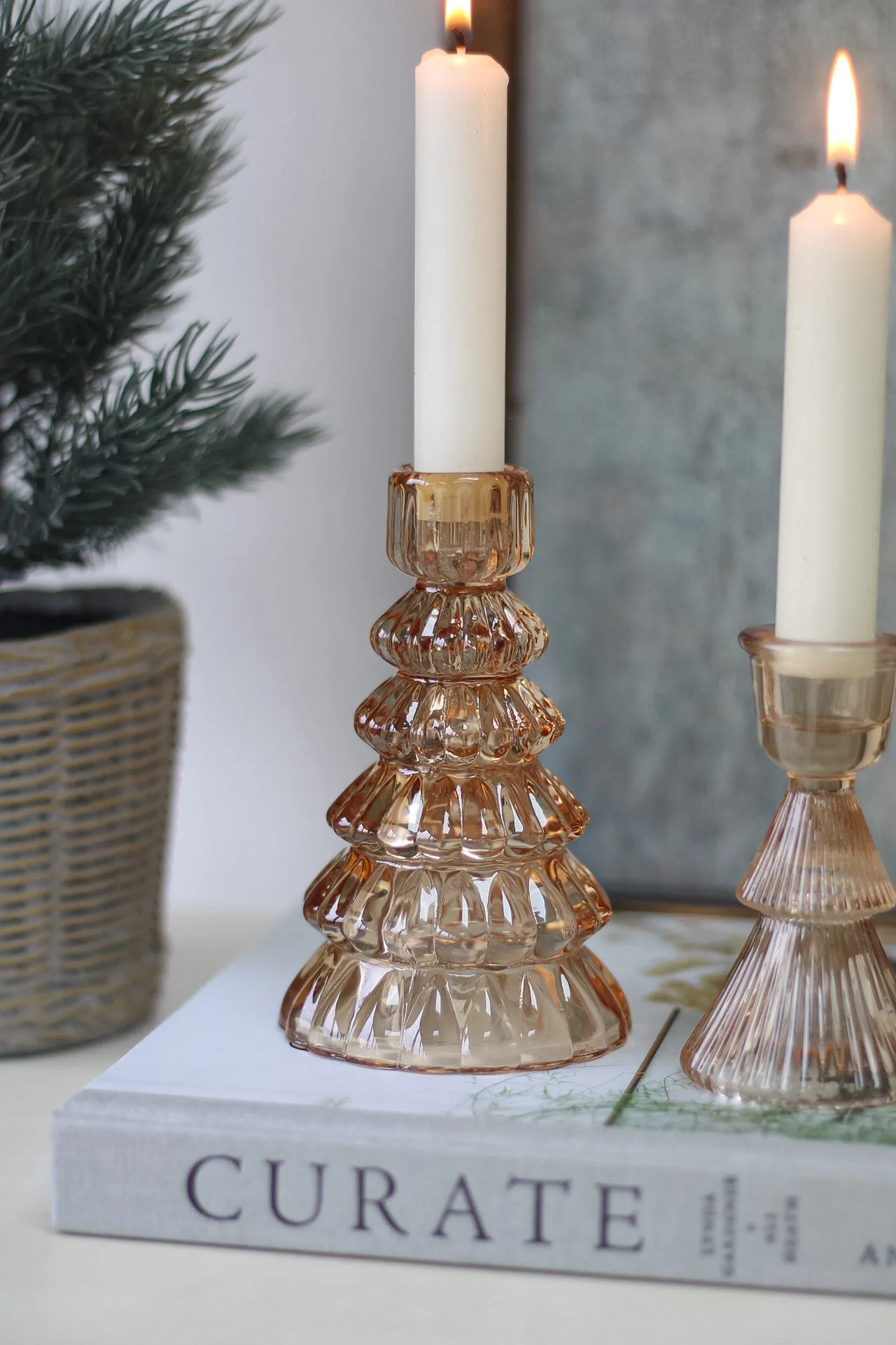 Antique Amber Glass Ribbed Christmas Tree Candle Sticks | Set of 2