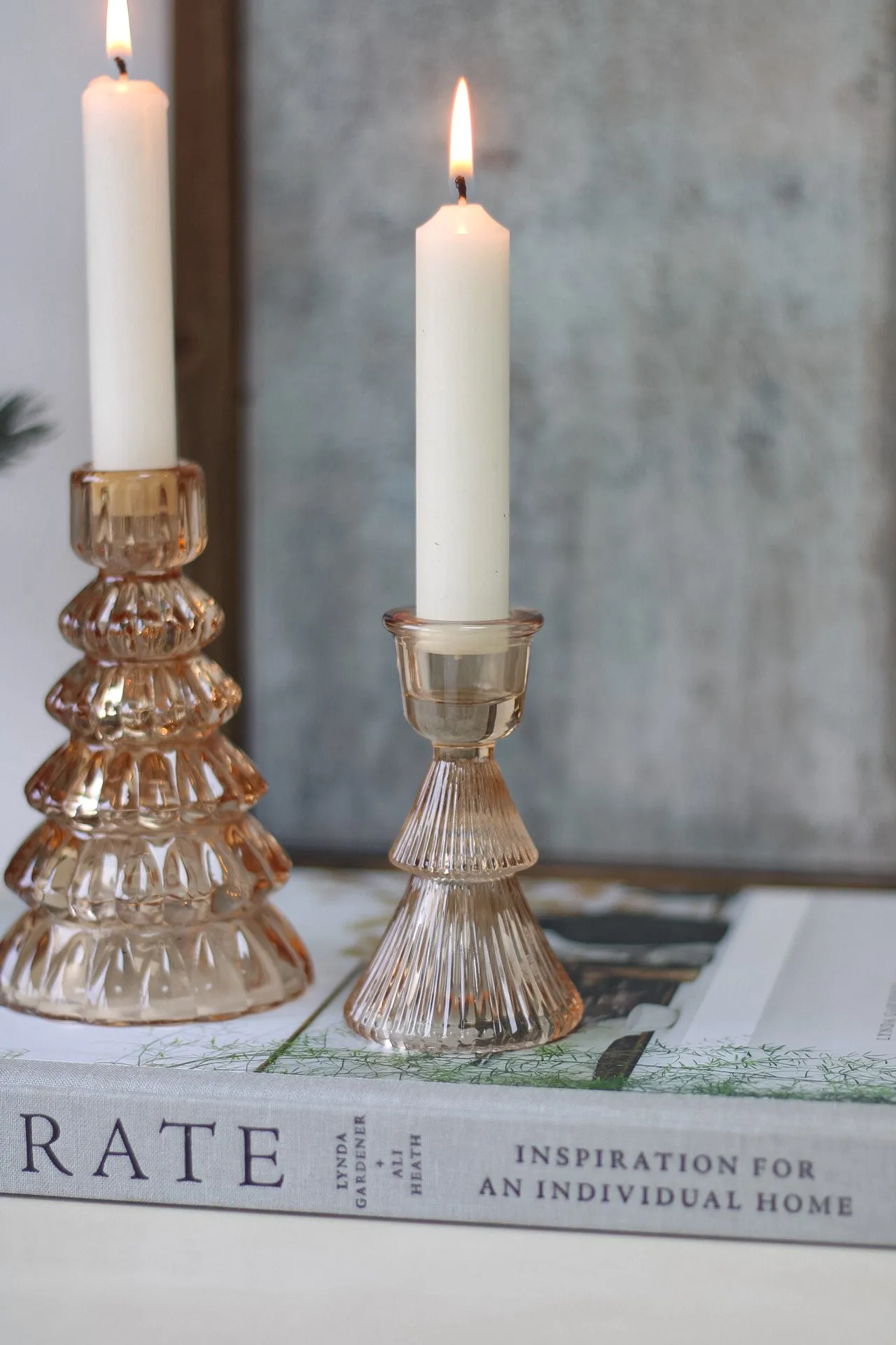 Antique Amber Glass Ribbed Christmas Tree Candle Sticks | Set of 2