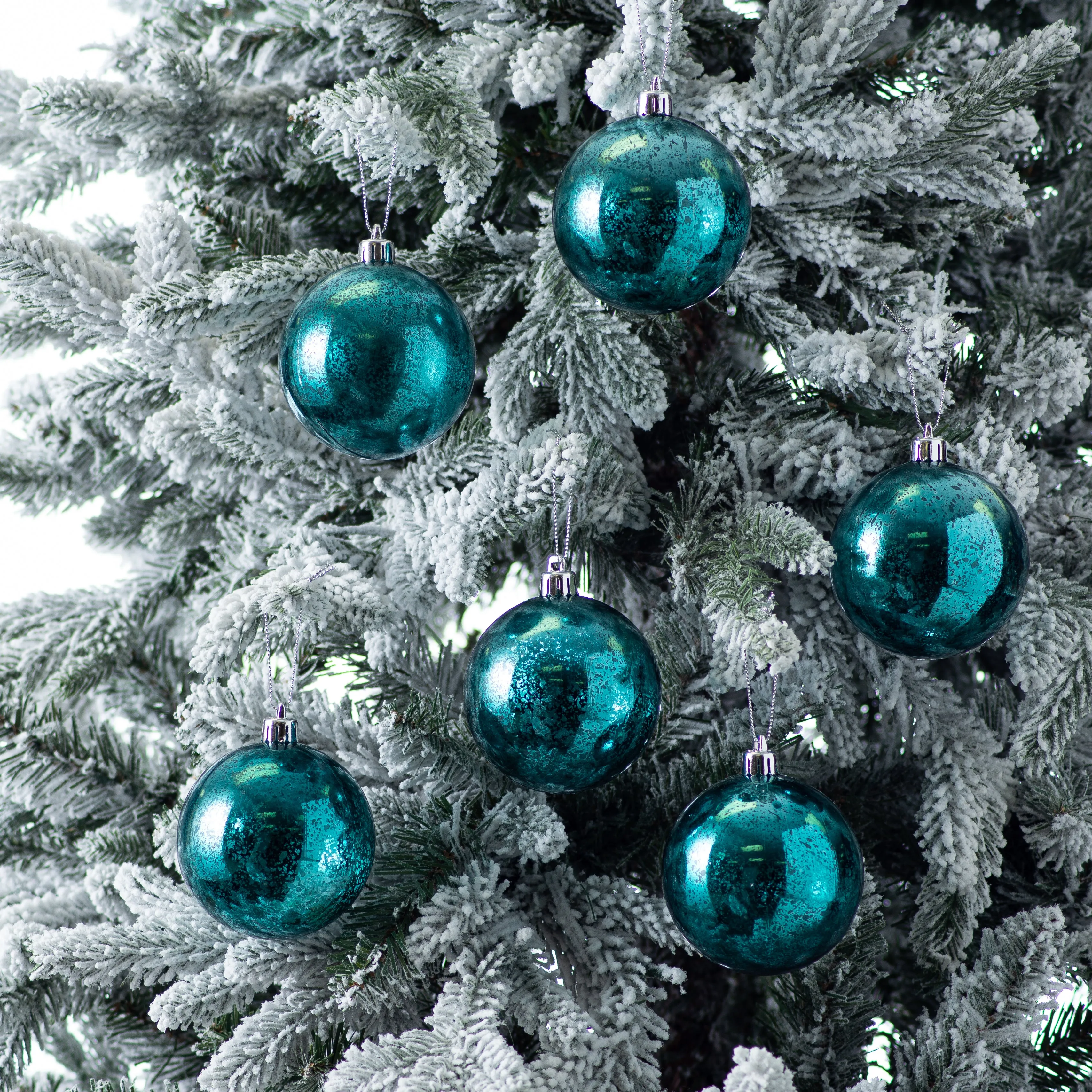 Antiqued Aqua Blue Mercury Look Holiday Christmas Ball Ornament Set of 6