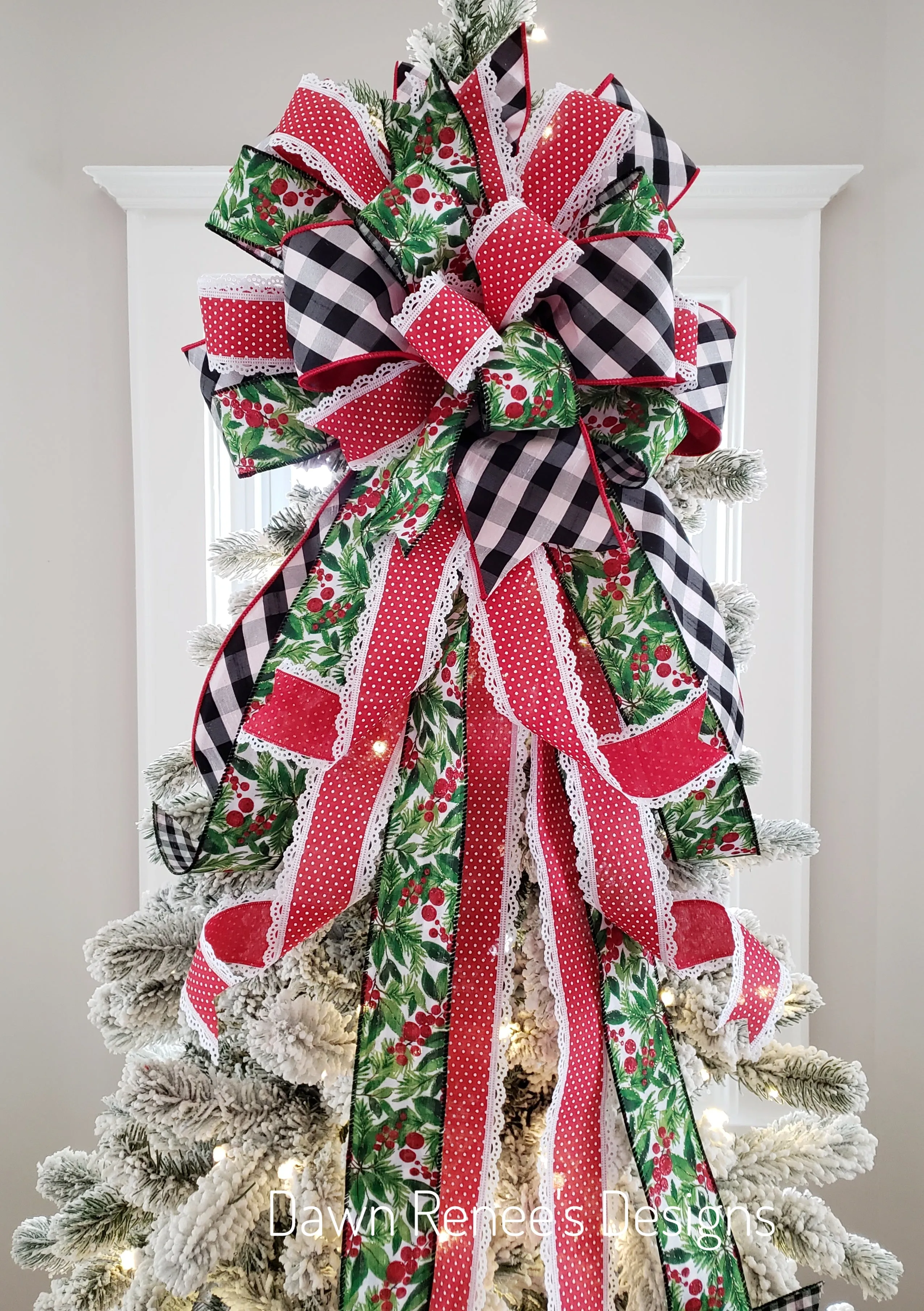 Black and White Buffalo Plaid Red Green Christmas Tree Bow with Long Streamers