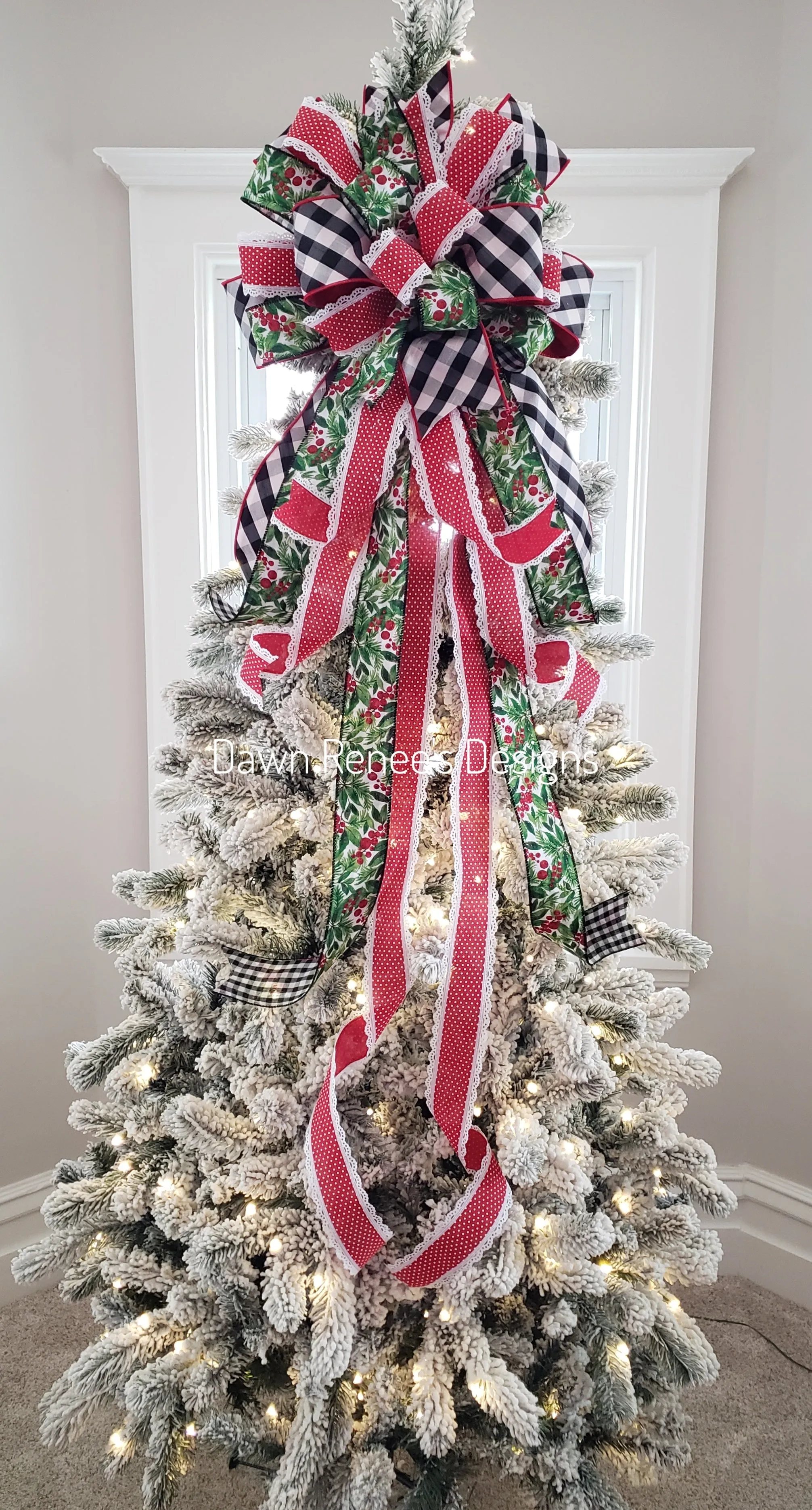 Black and White Buffalo Plaid Red Green Christmas Tree Bow with Long Streamers