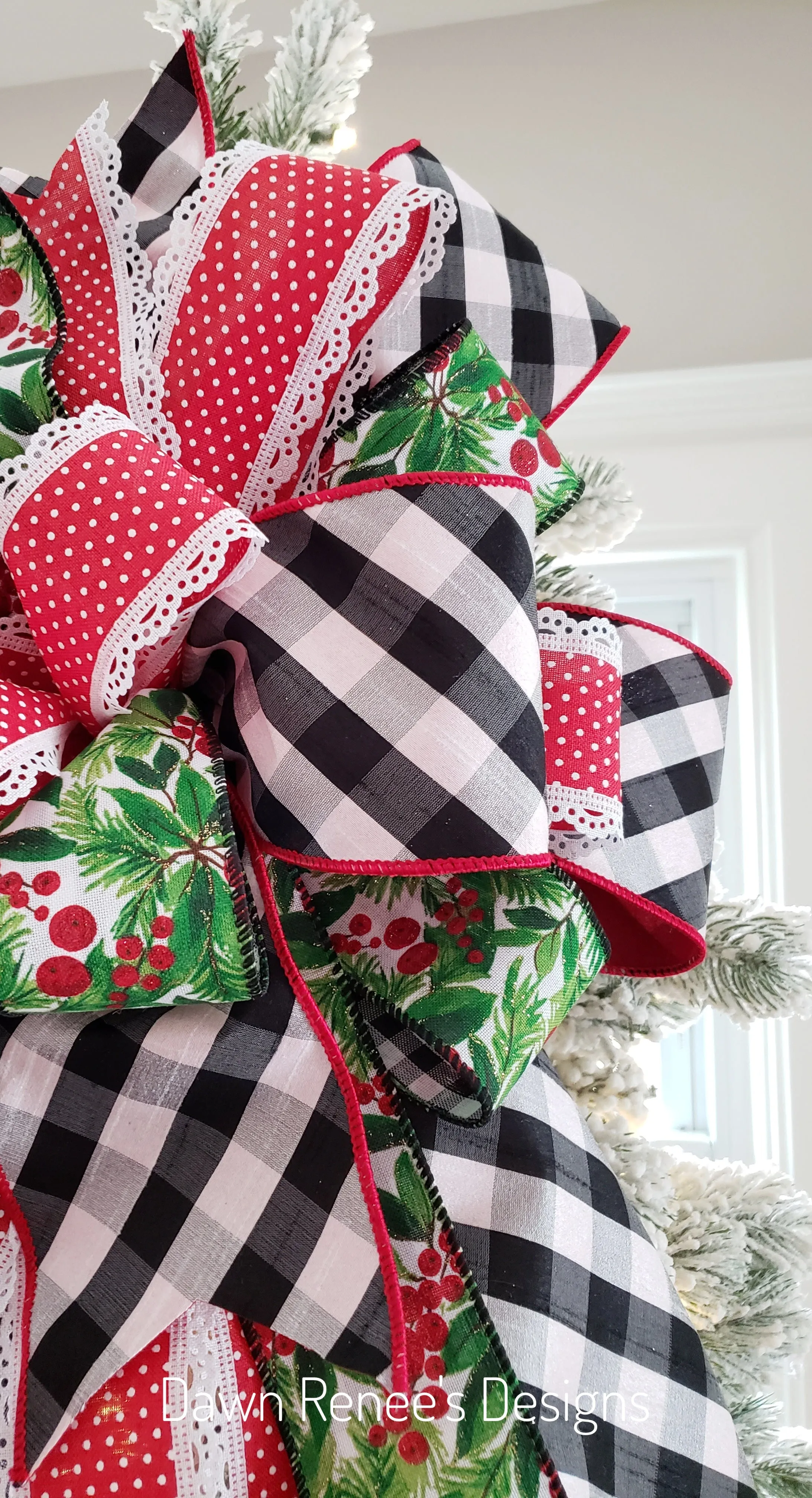 Black and White Buffalo Plaid Red Green Christmas Tree Bow with Long Streamers