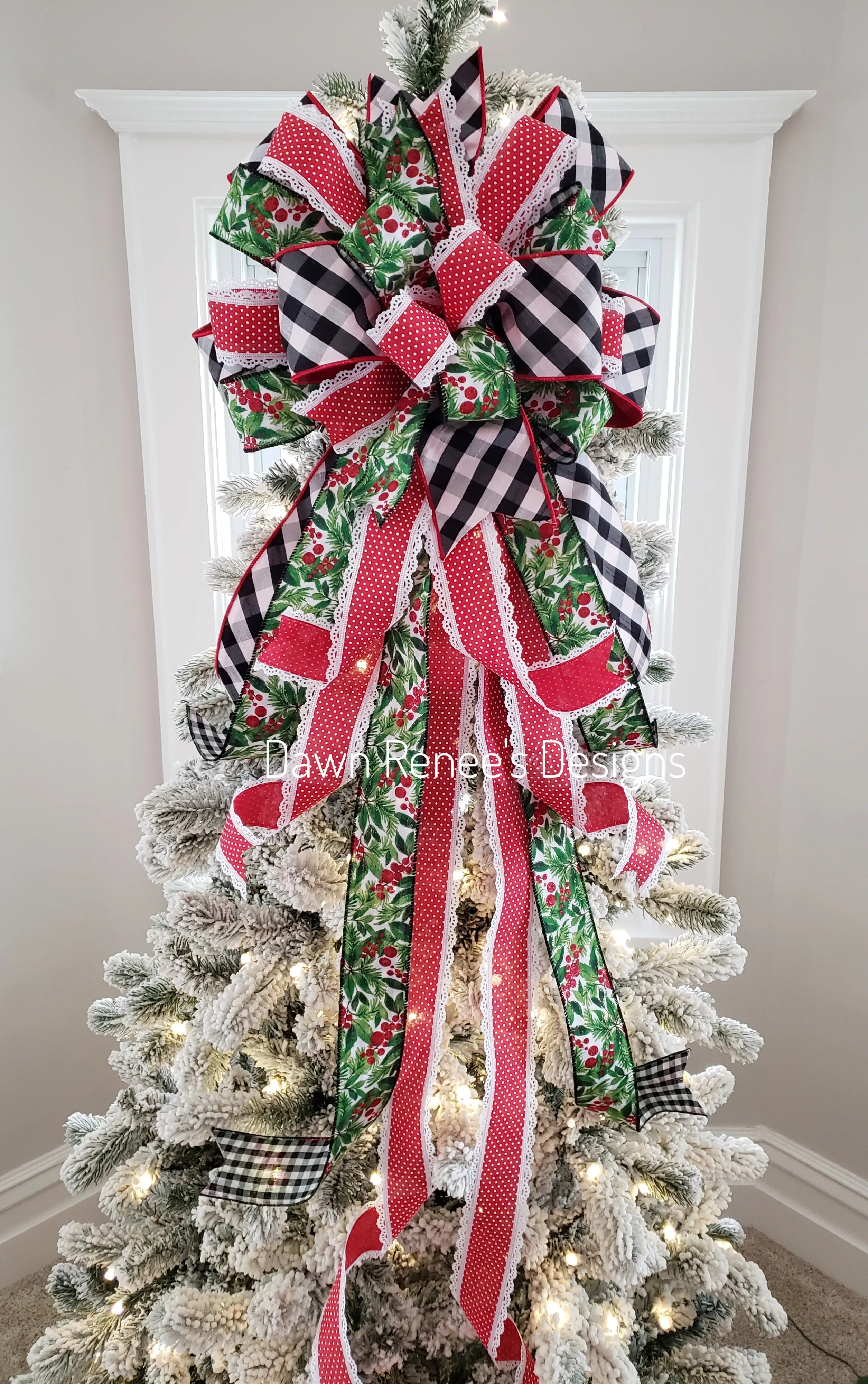 Black and White Buffalo Plaid Red Green Christmas Tree Bow with Long Streamers