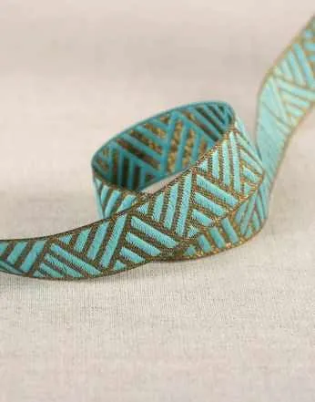 Blue & Gold Metallic Geometric Ribbon 15mm