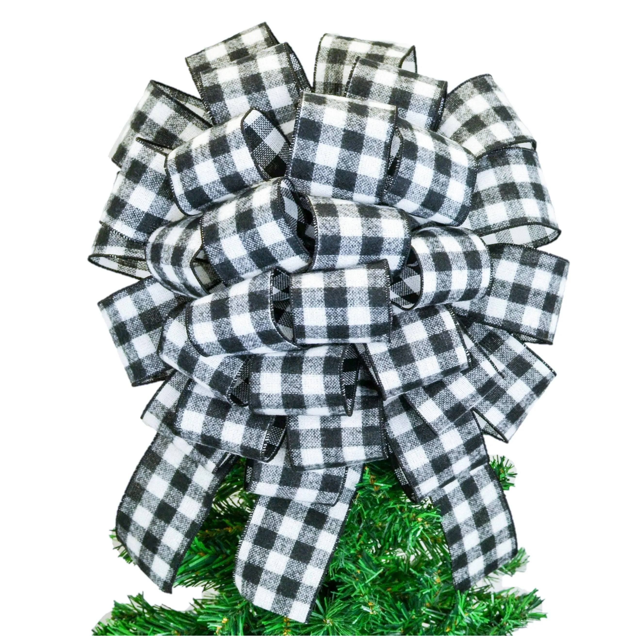 Buffalo Check Bow Christmas Tree Toppers | Black White Plaid with Tails