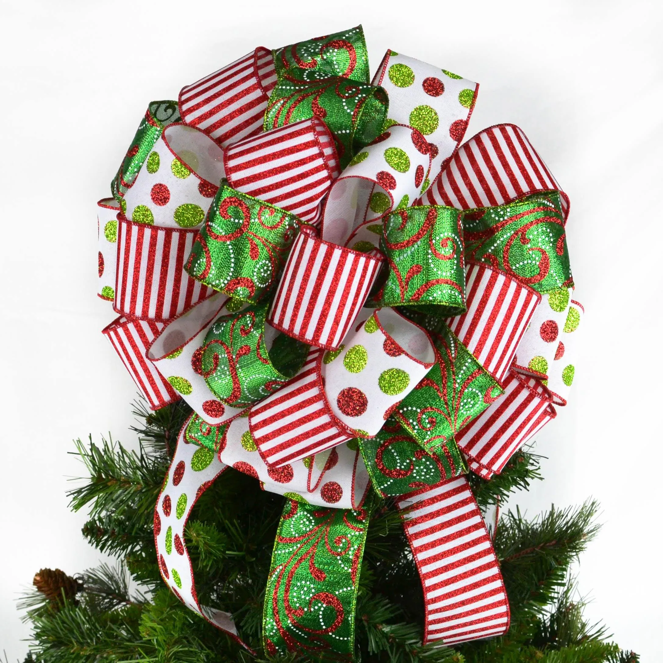 Candy Cane Stripe Christmas Tree Bow with Tails | Red White Emerald Green