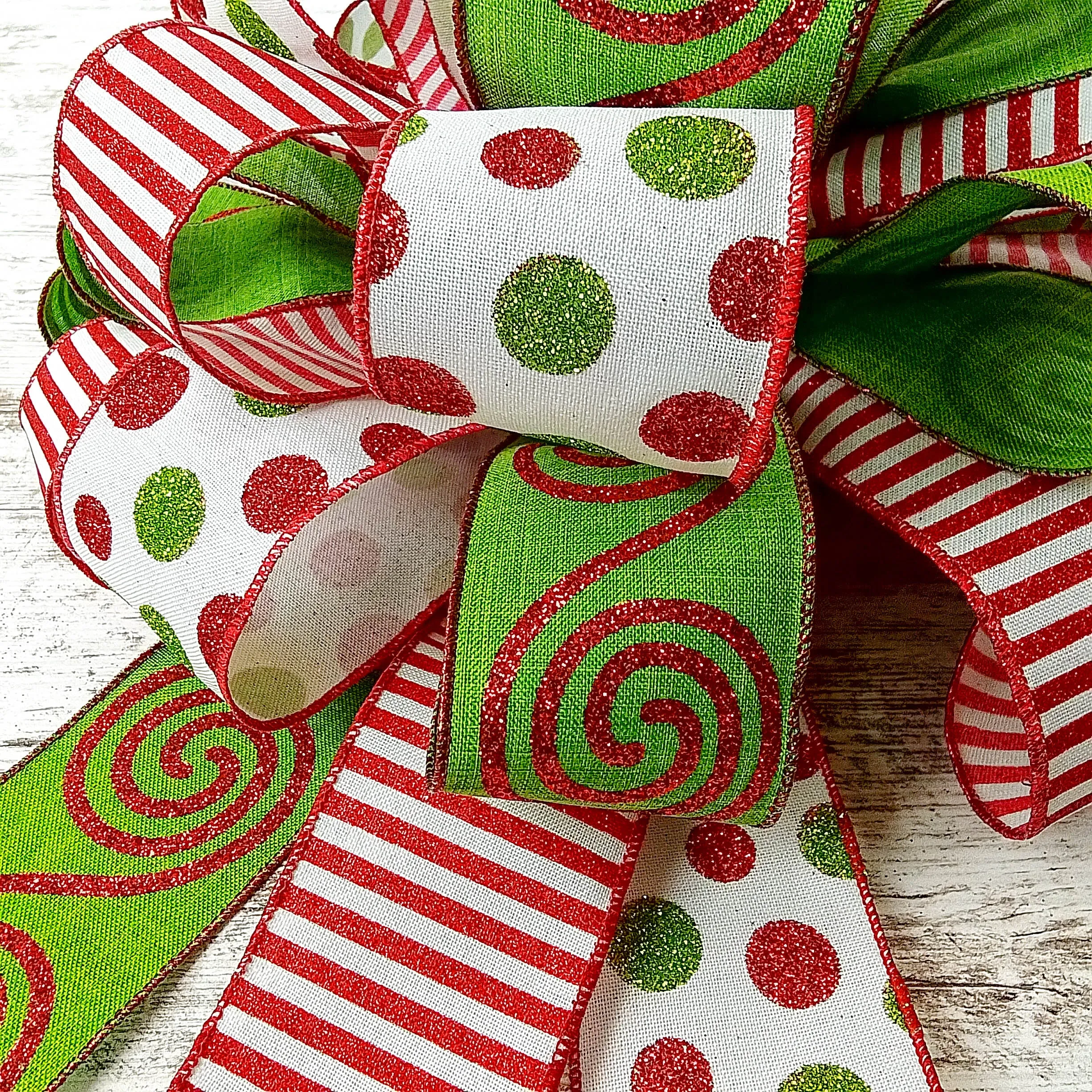 Candy Cane Stripe Christmas Tree Bow with Tails | Red White Emerald Green