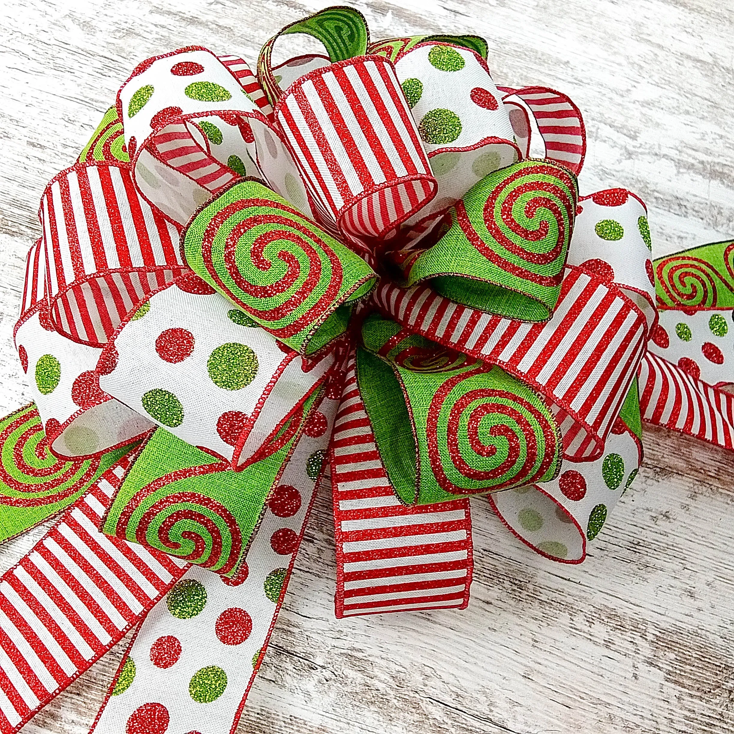 Candy Cane Stripe Christmas Tree Bow with Tails | Red White Emerald Green