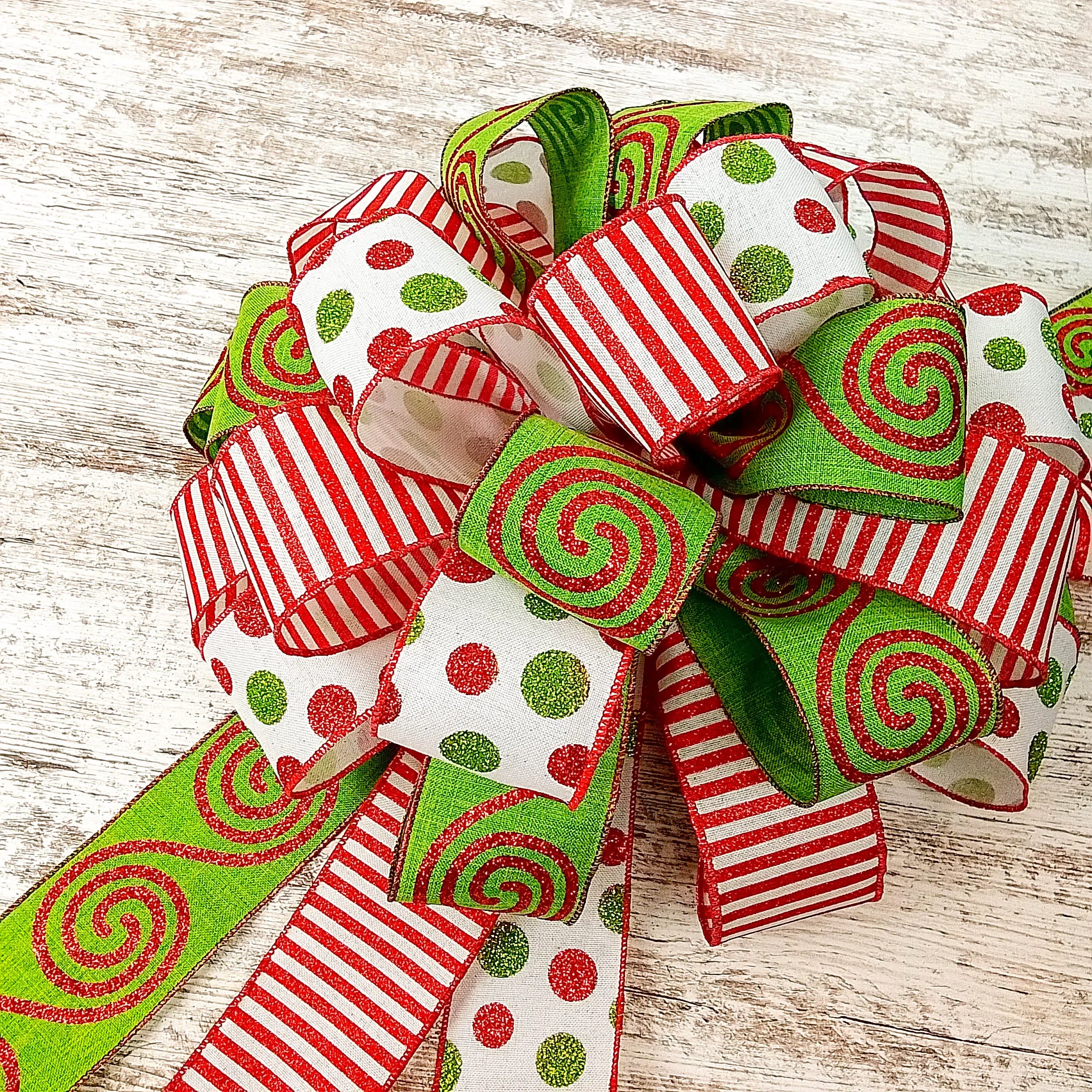 Candy Cane Stripe Christmas Tree Bow with Tails | Red White Emerald Green