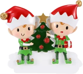 Ceramic Elves Decorating a Tree Ornament