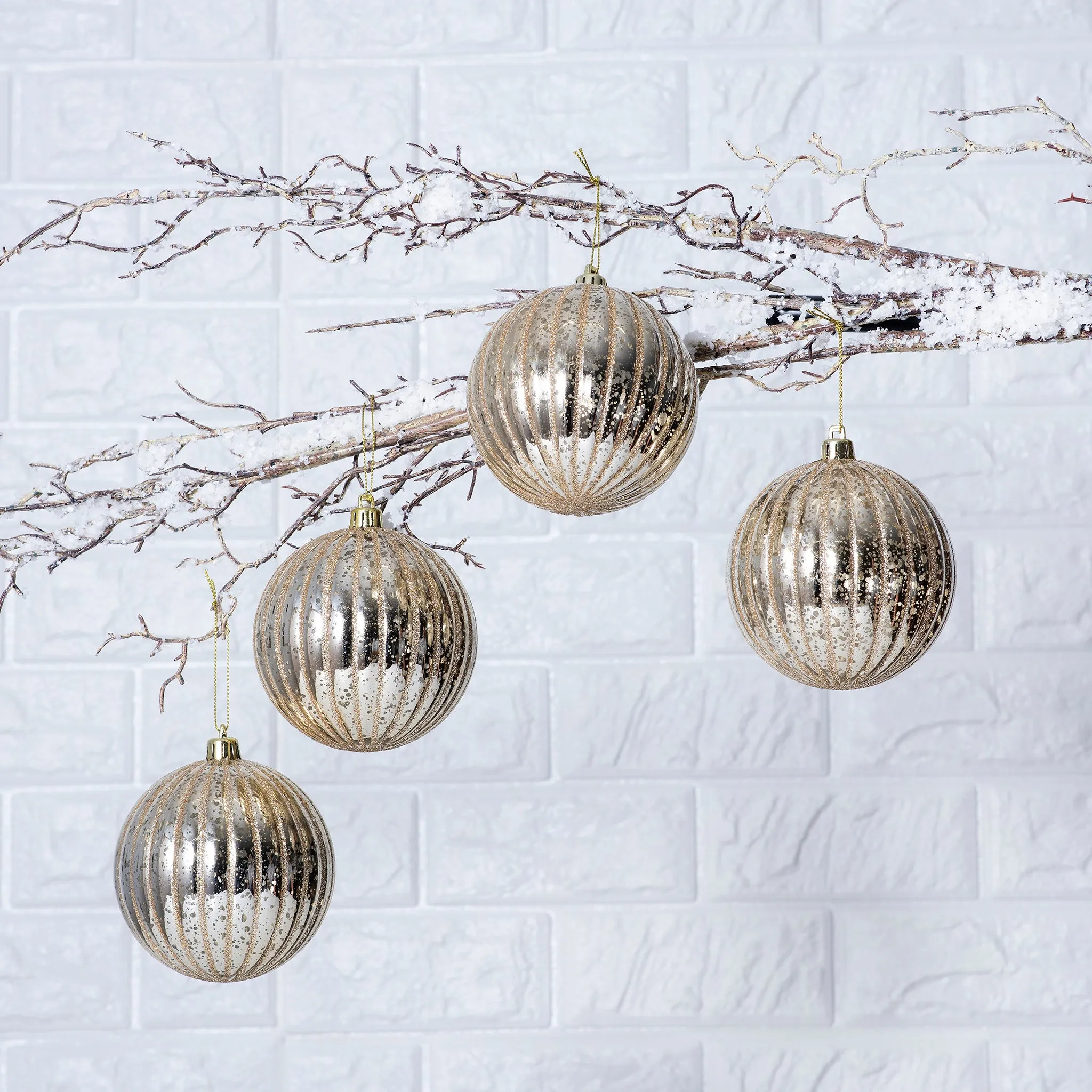 Champagne Gold Glitter Mercury-Look Christmas Ball Ornaments - Set of 4