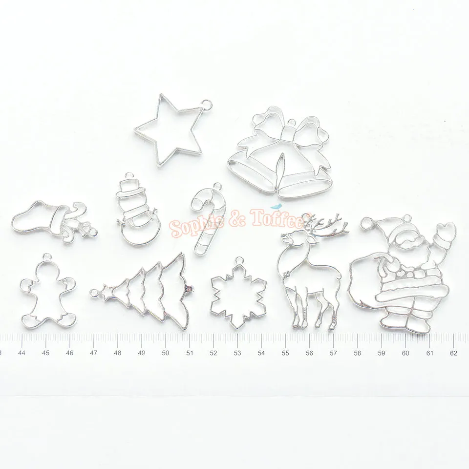 Christmas Theme Silver Open Bezel Charms (10 pieces)