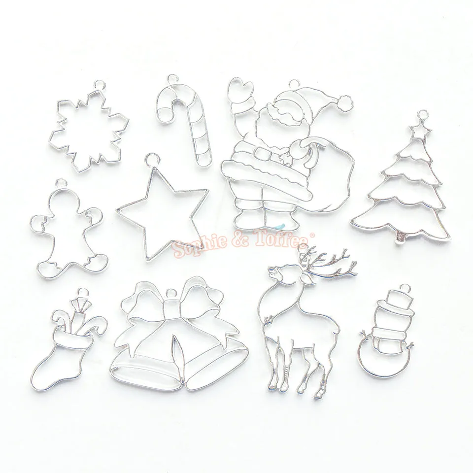 Christmas Theme Silver Open Bezel Charms (10 pieces)