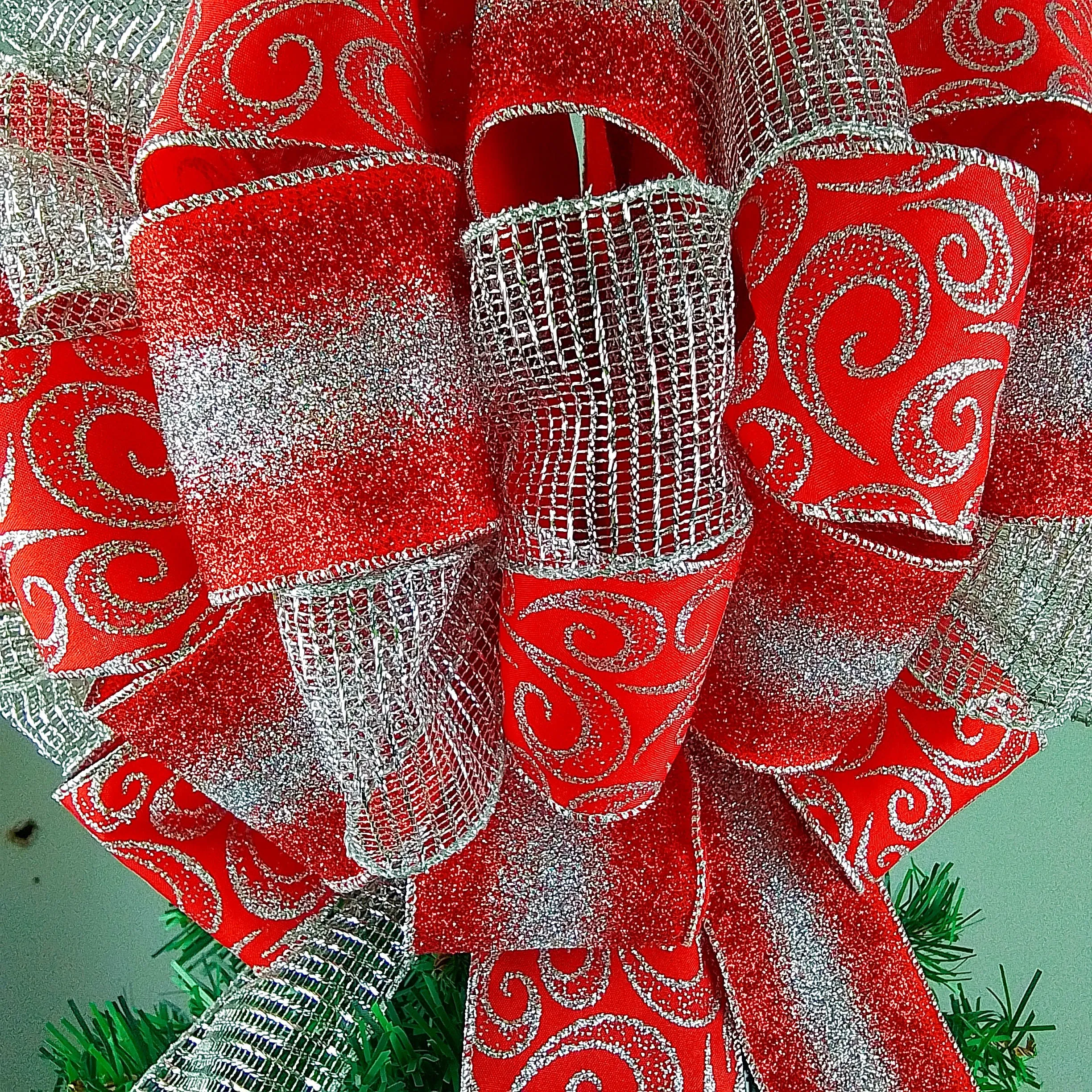 Christmas Tree Topper Bow | Red and Silver Bow | Present Bow