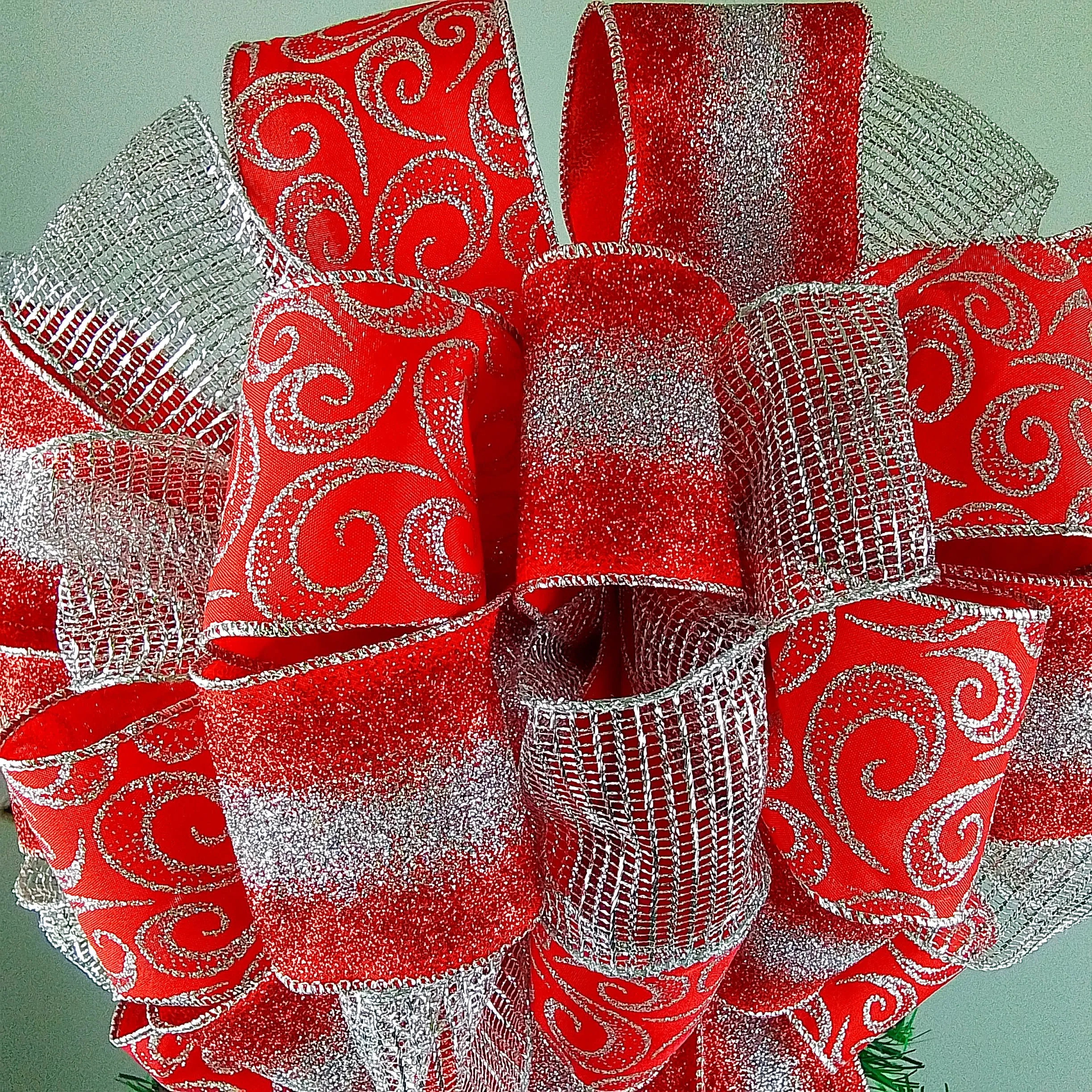 Christmas Tree Topper Bow | Red and Silver Bow | Present Bow