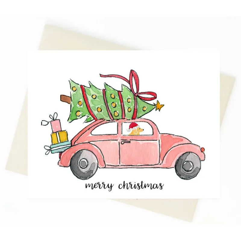 Christmas VW Beetle Golden Retriever Card