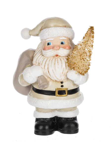 Cream/White Santa Figurine Holding Gold Christmas Tree- Small