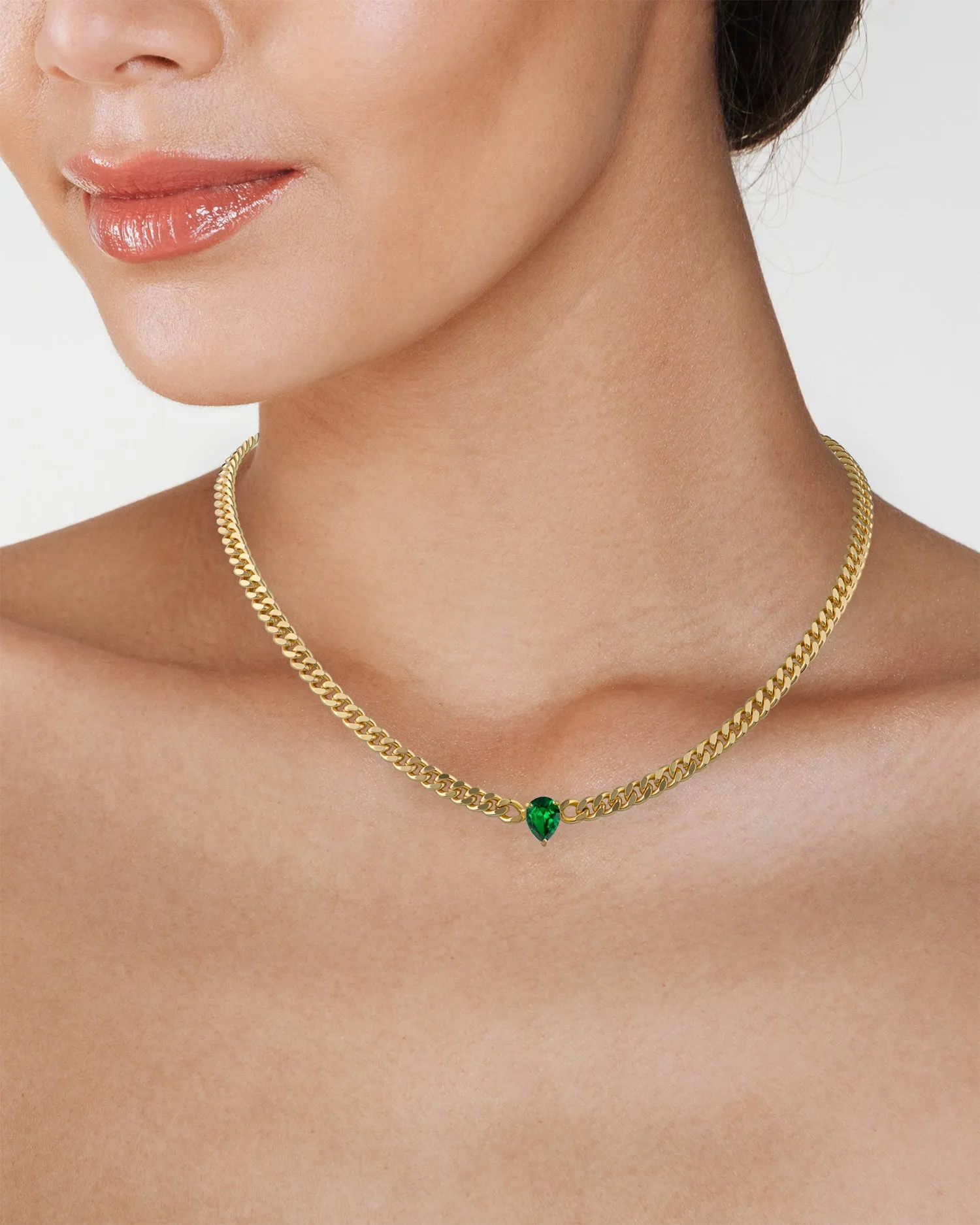 Curb Chain Necklace with Emerald Pear CZ