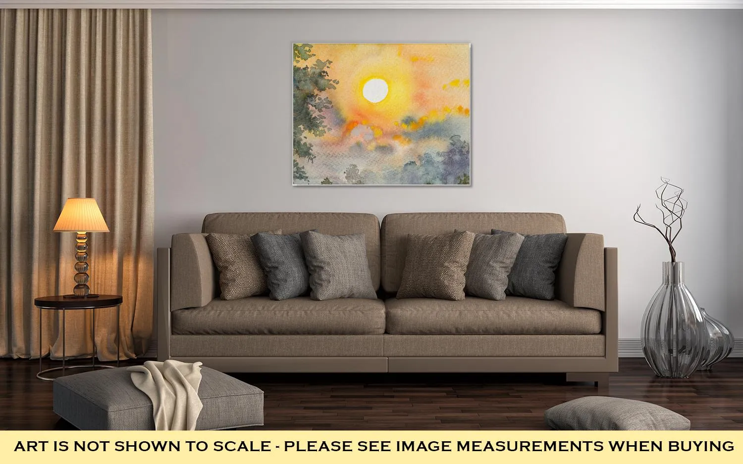 Gallery Wrapped Canvas, Watercolor Original Landscape Painting Yellow Red Color Of Sunshine And Cloud