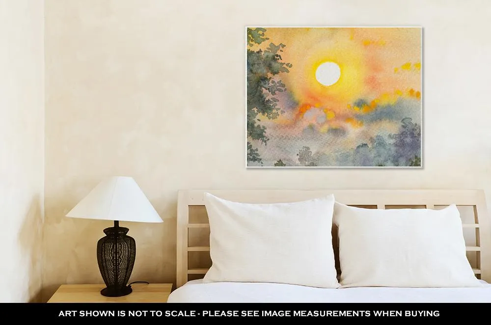 Gallery Wrapped Canvas, Watercolor Original Landscape Painting Yellow Red Color Of Sunshine And Cloud