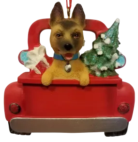 German Shepherd Dog in The Back Of Red Pick Up Truck Ornament with Christmas Tree & Presents 3"x3"