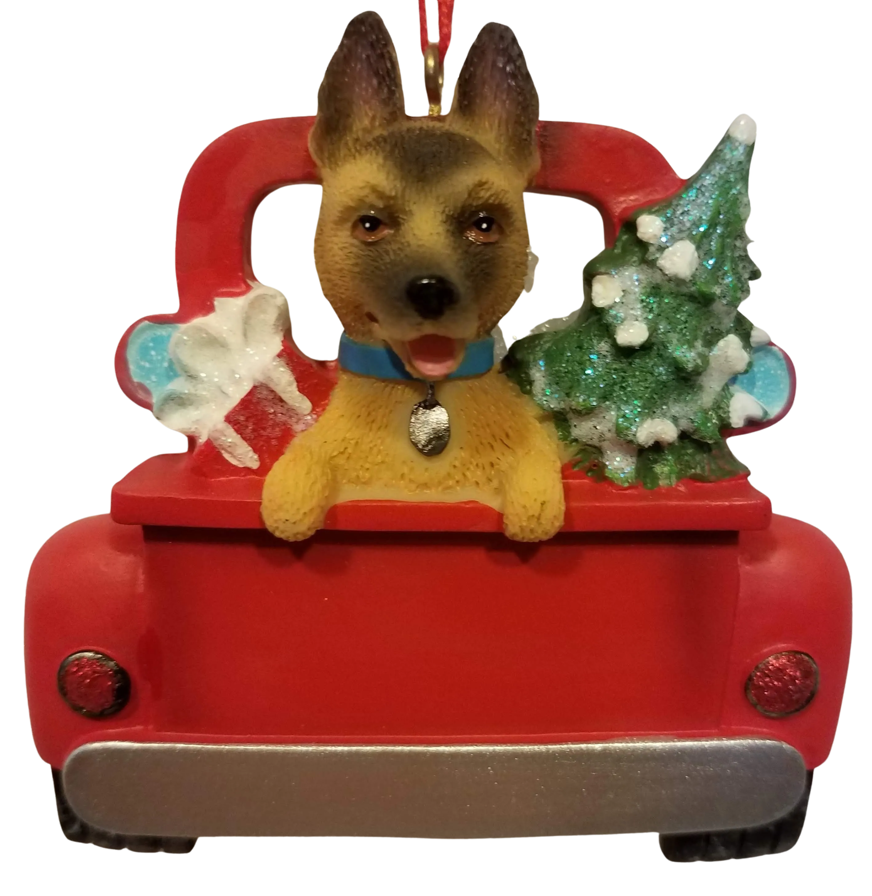 German Shepherd Dog in The Back Of Red Pick Up Truck Ornament with Christmas Tree & Presents 3"x3"