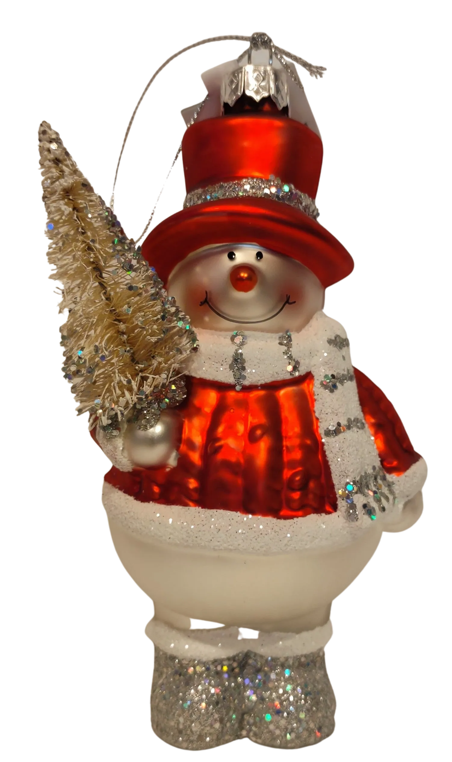 Glass Silver/Red Snowman Ornament Holding White Christmas Tree