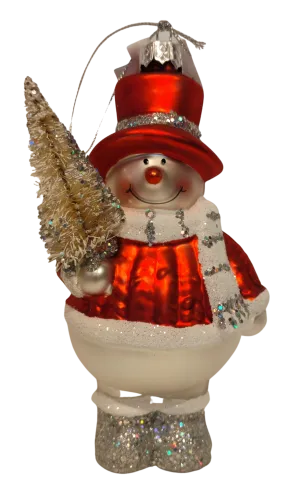 Glass Silver/Red Snowman Ornament Holding White Christmas Tree