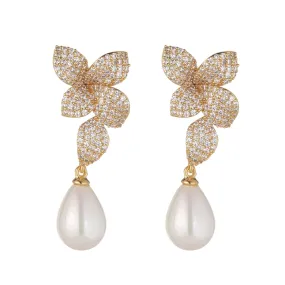 Gold Plated Small Cubic Zirconia Pearl Floral Drop Earrings