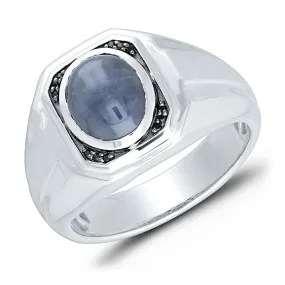 MEN'S WHITE GOLD FASHION RING WITH OVAL SHAPED CABOCHON CUT SAPPHIRE AND SIDE BLACK DIAMONDS, .03 CT TW