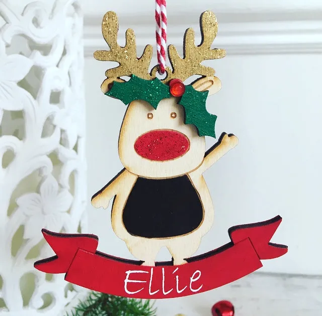 Personalised Red Reindeer Christmas Tree Decoration