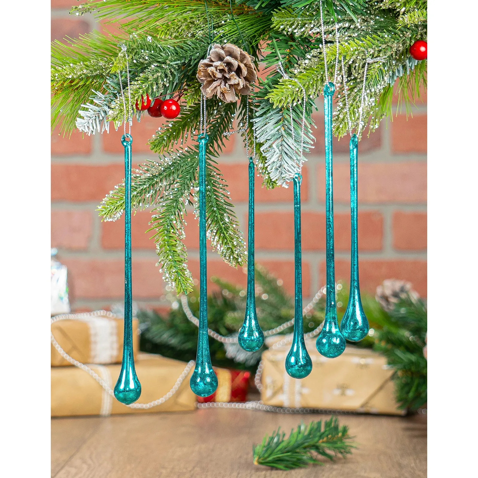 Red Co. 6" and 8" Decorative Glass Icicle Drop Hanging Christmas Tree Ornaments, Holiday Season Décor – Set of 6