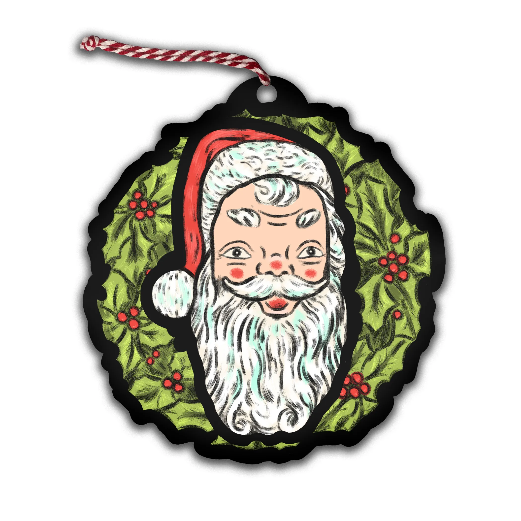 Retro Inspired Santa Christmas Wreath Set of 3 Ornaments