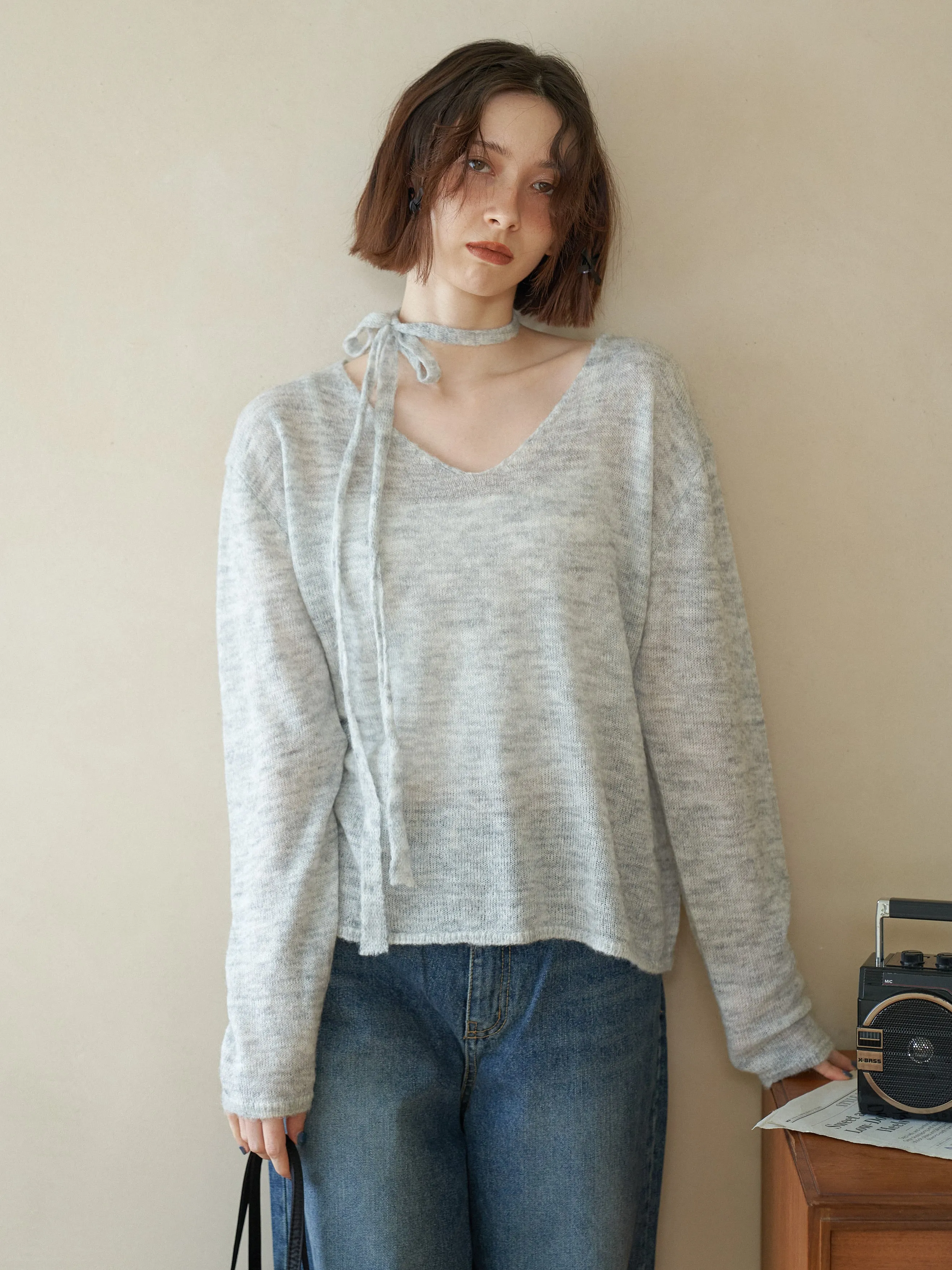 V-neck Ribbon Set Knit