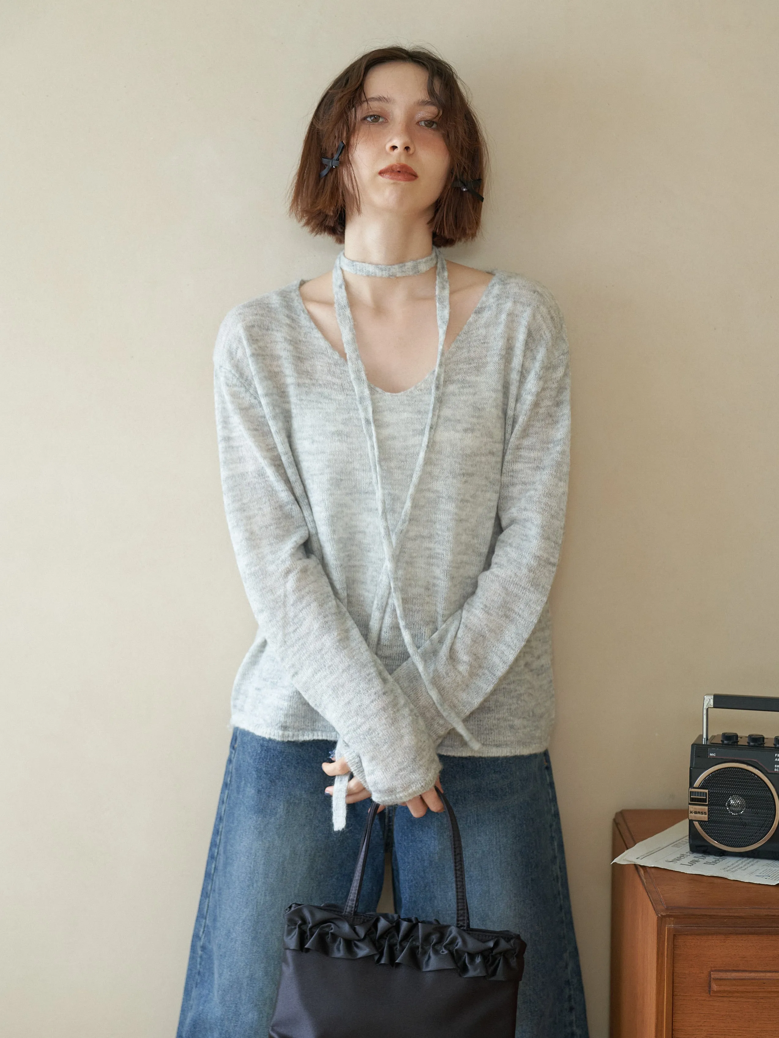 V-neck Ribbon Set Knit