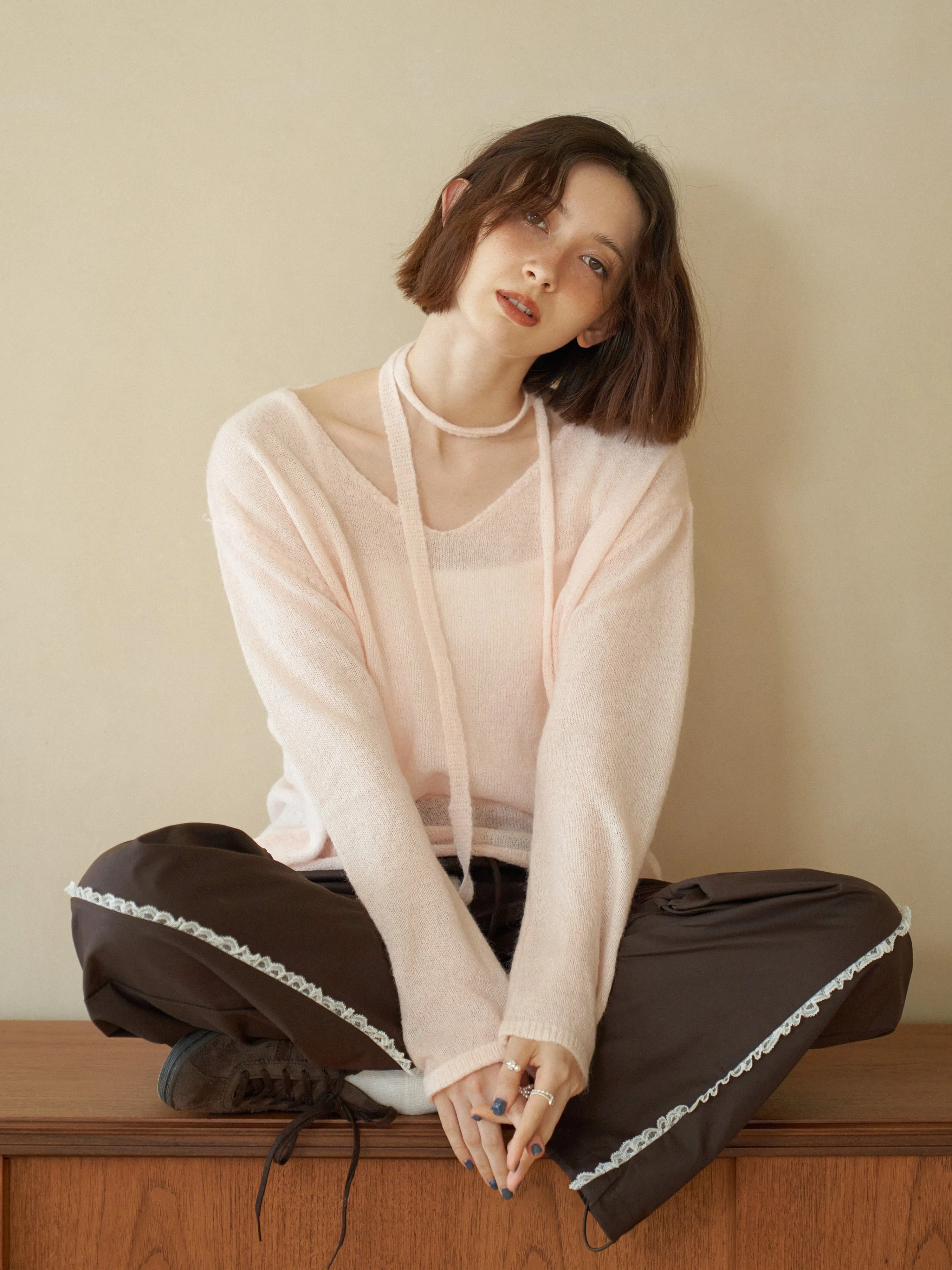 V-neck Ribbon Set Knit