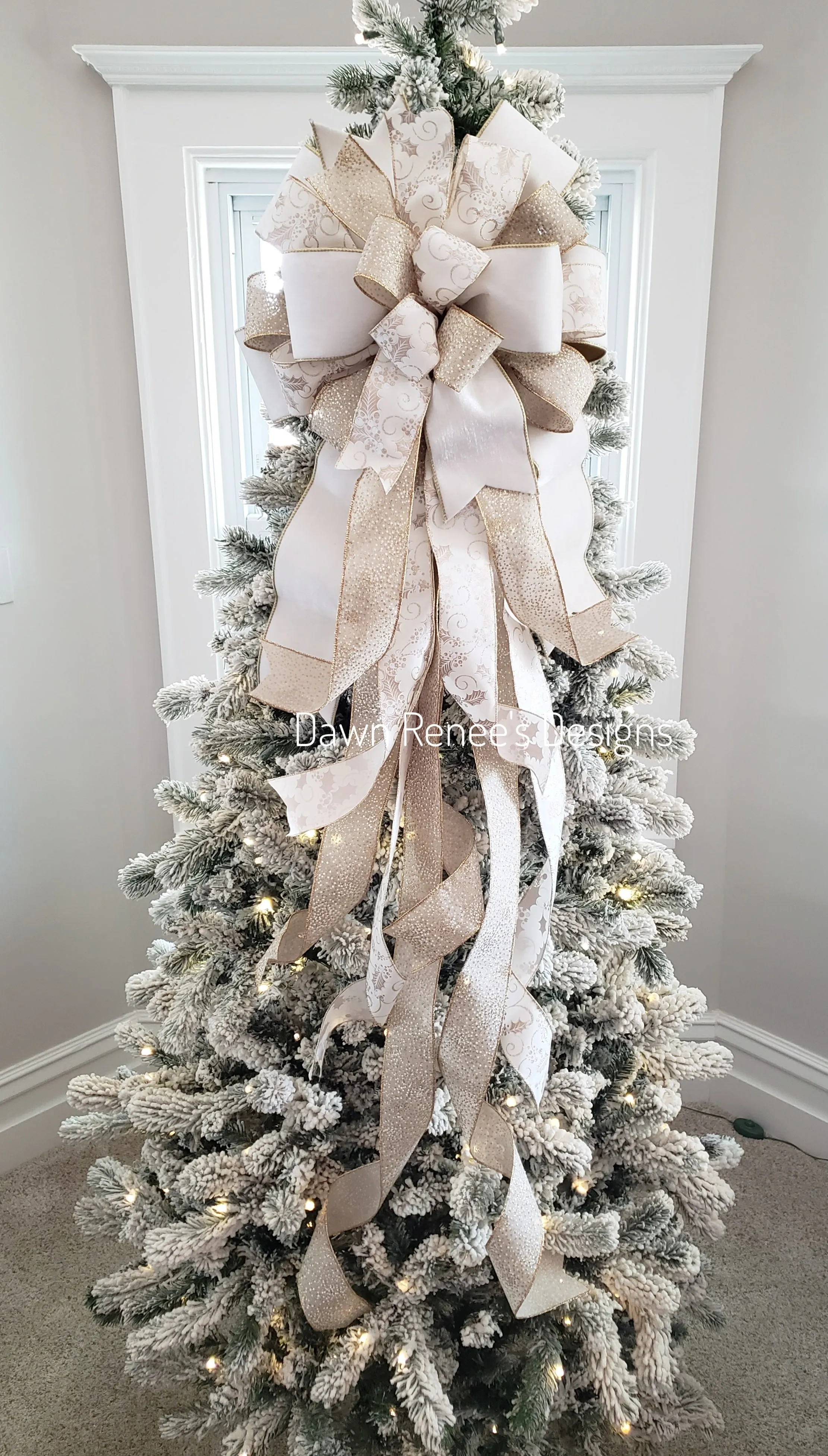 White Velvet and Gold Christmas Tree Bow